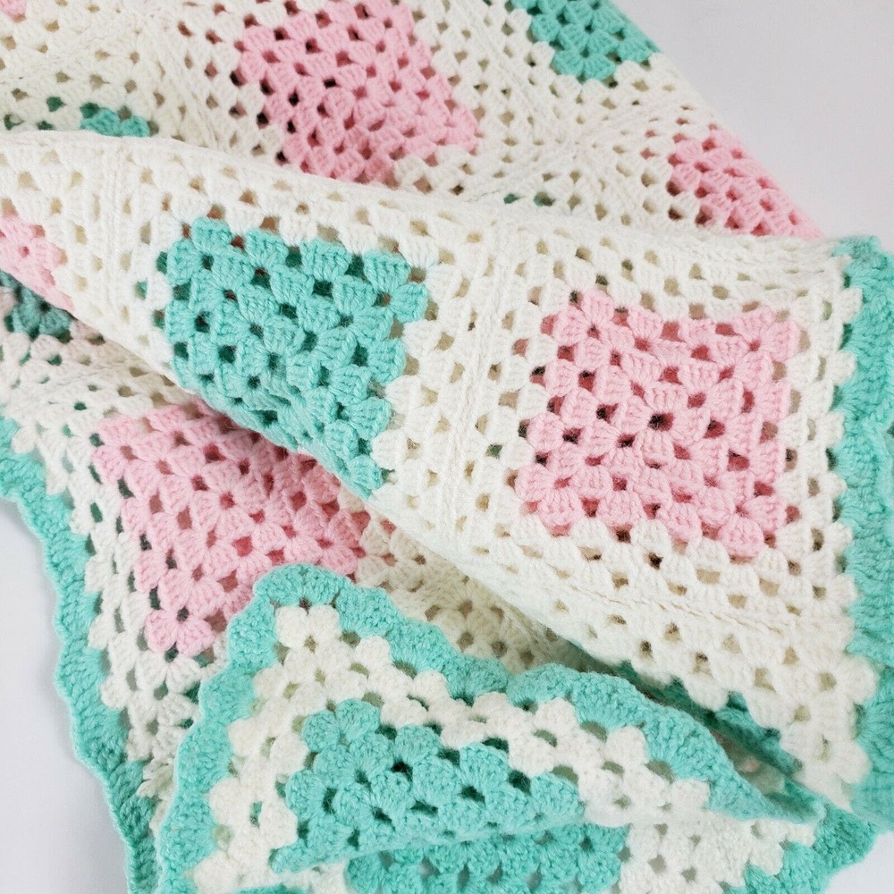 Crocheted Baby Lap Blanket Afghan Throw Handmade Pink Off-White Green 36” x 68” - Picture 5 of 6